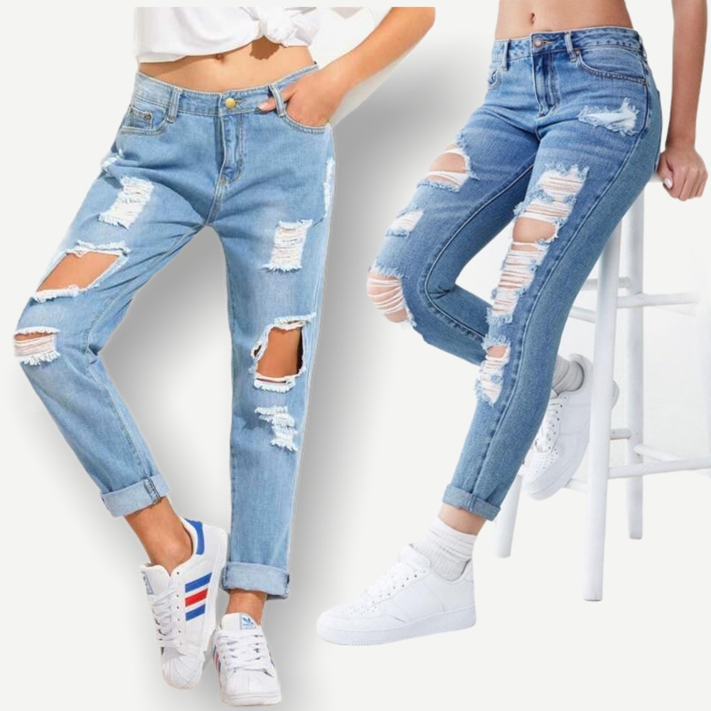 Distressed Boyfriend Fit Medium Denim Jeans